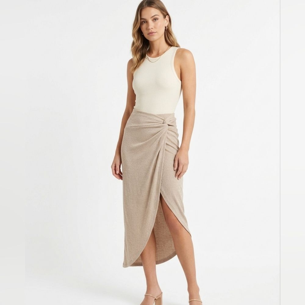 ​Cider Beige Ribbed Midi Skirt Twist Knot Asymmetrical Slit XS Clean Girl